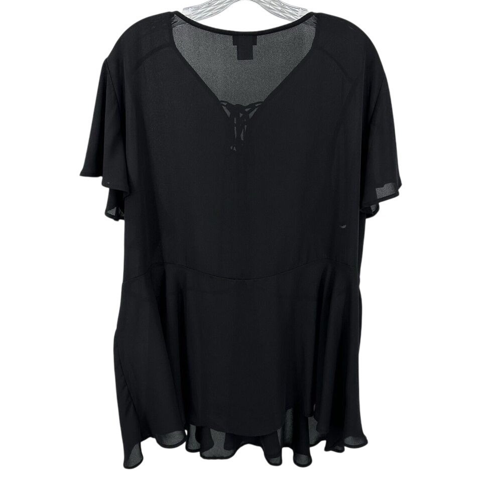 Torrid Plus Size 3X Black Lace Up V-Neck Peplum Blouse Flutter Sleeve Sheer Top